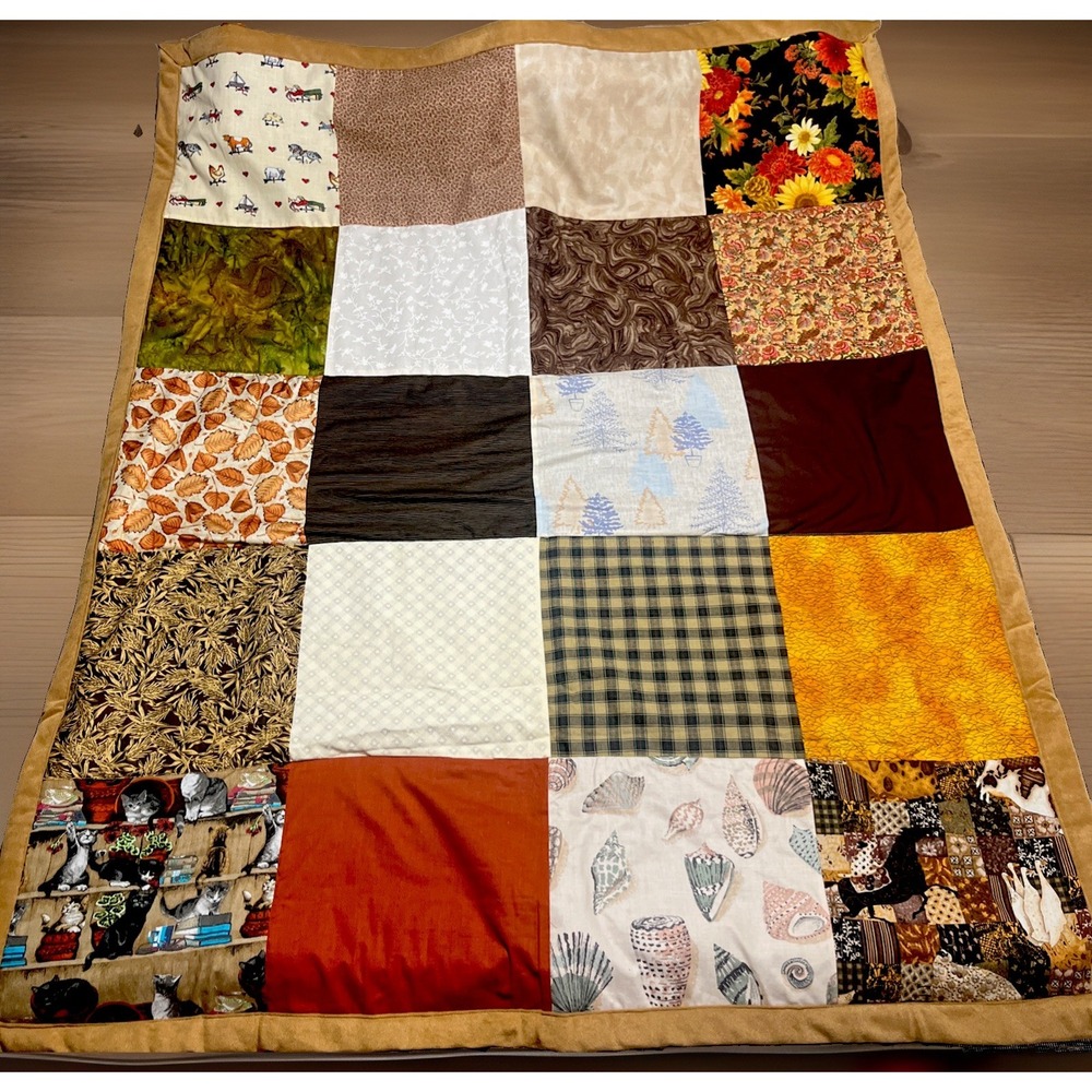 Handmade Patchwork Quilt Fall Themed Machine Sewn Faux Suede Back 40"x 50" NEW!